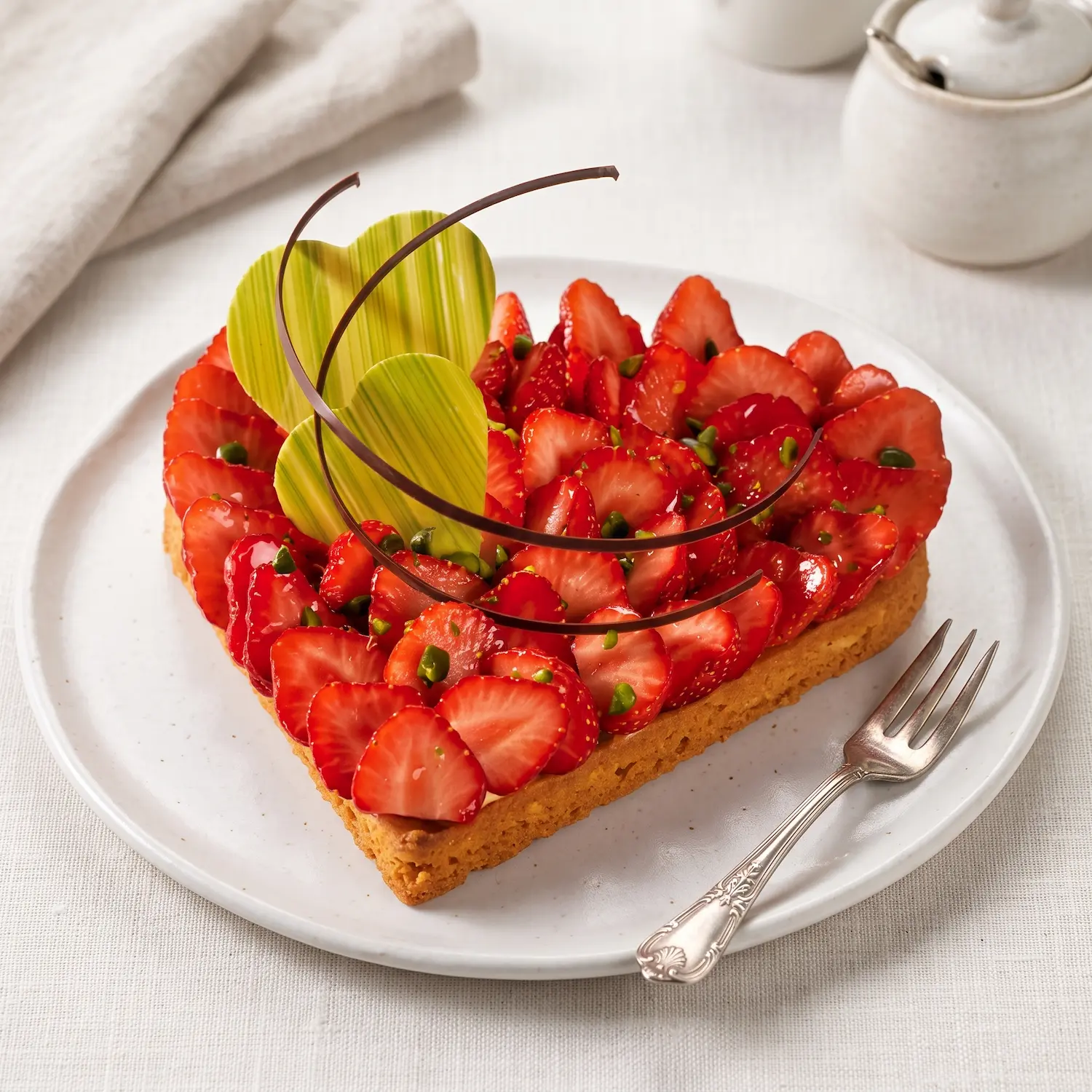 Heart-shaped strawberry dessert tart with chocolate and pistachio details